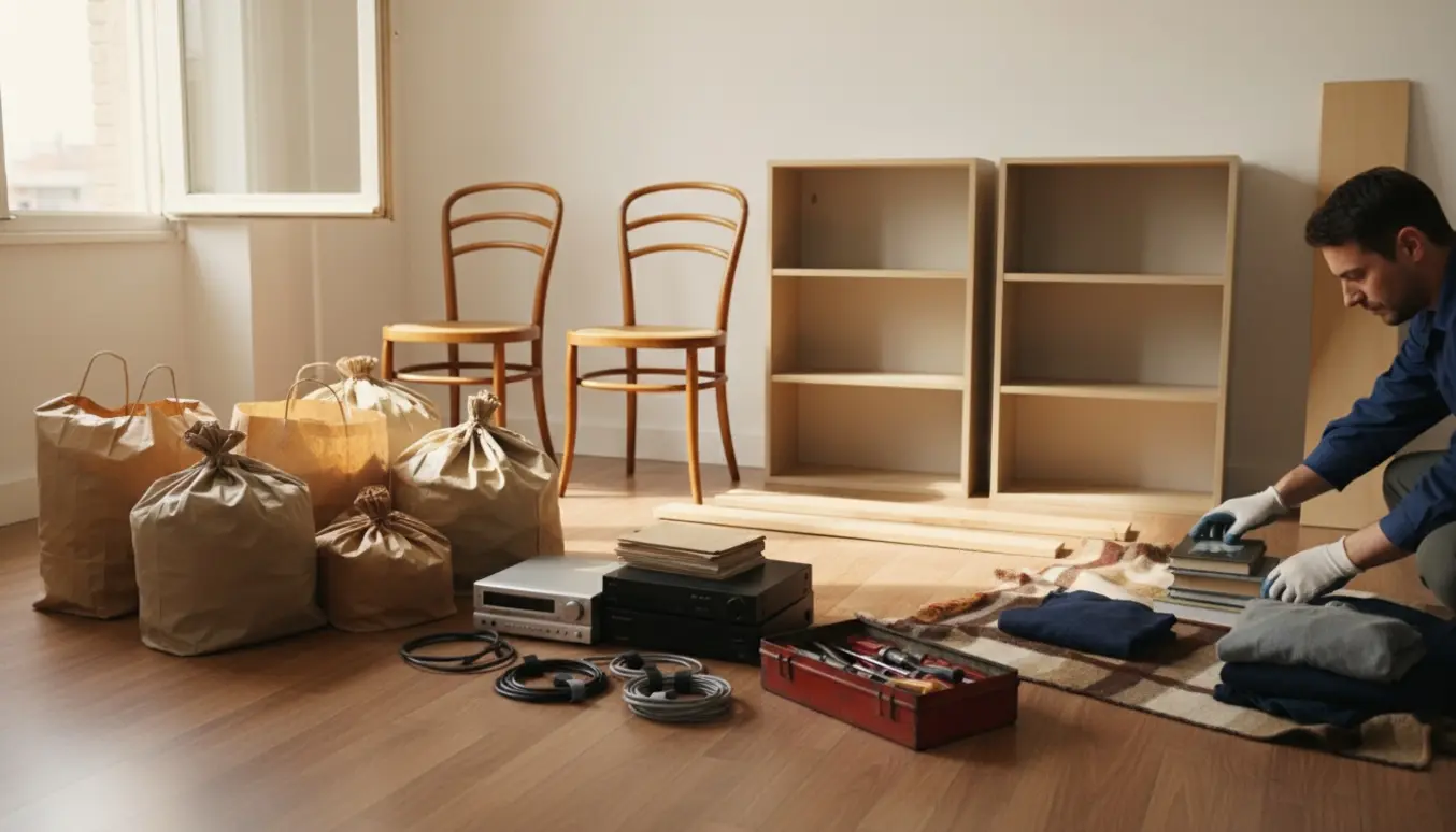 Respektfuld oprydning af dødsbo med poser, stole, elektronik og værktøj i et lyst hjem.