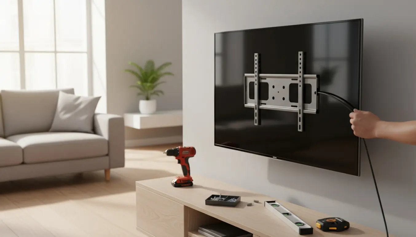 Hænder monterer et fladskærms-tv på væggen i en moderne stue.