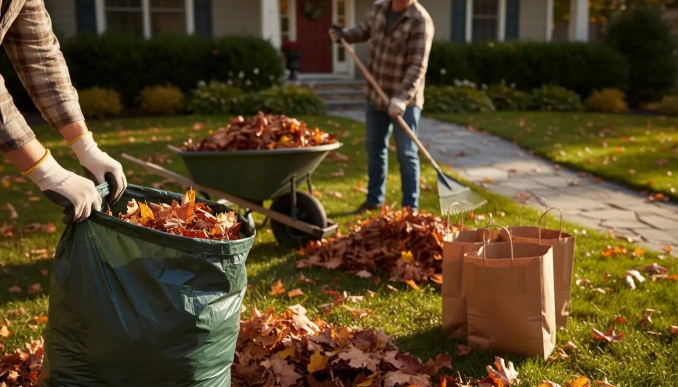 En person samler blade og fylder haveposer foran huset på en solrig efterårsdag.