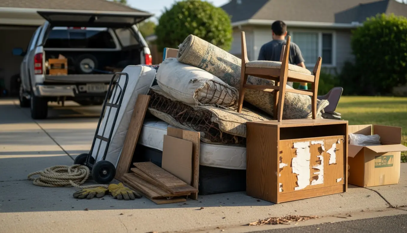 Stort brændbart affald og adskilte beskadigede møbler samlet ved indkørslen klar til afhentning.