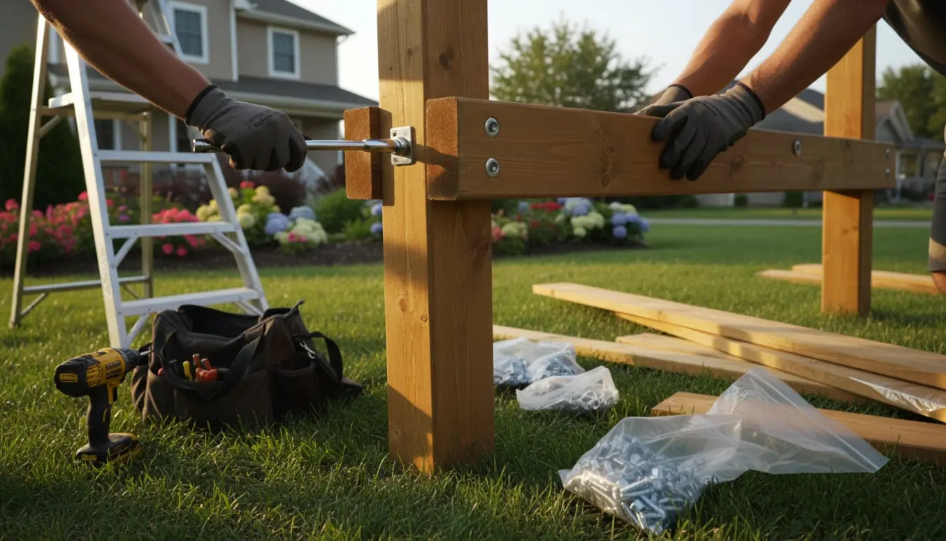 Delvist samlet træ-junglegym i forhaven med værktøj og hænder i arbejde.