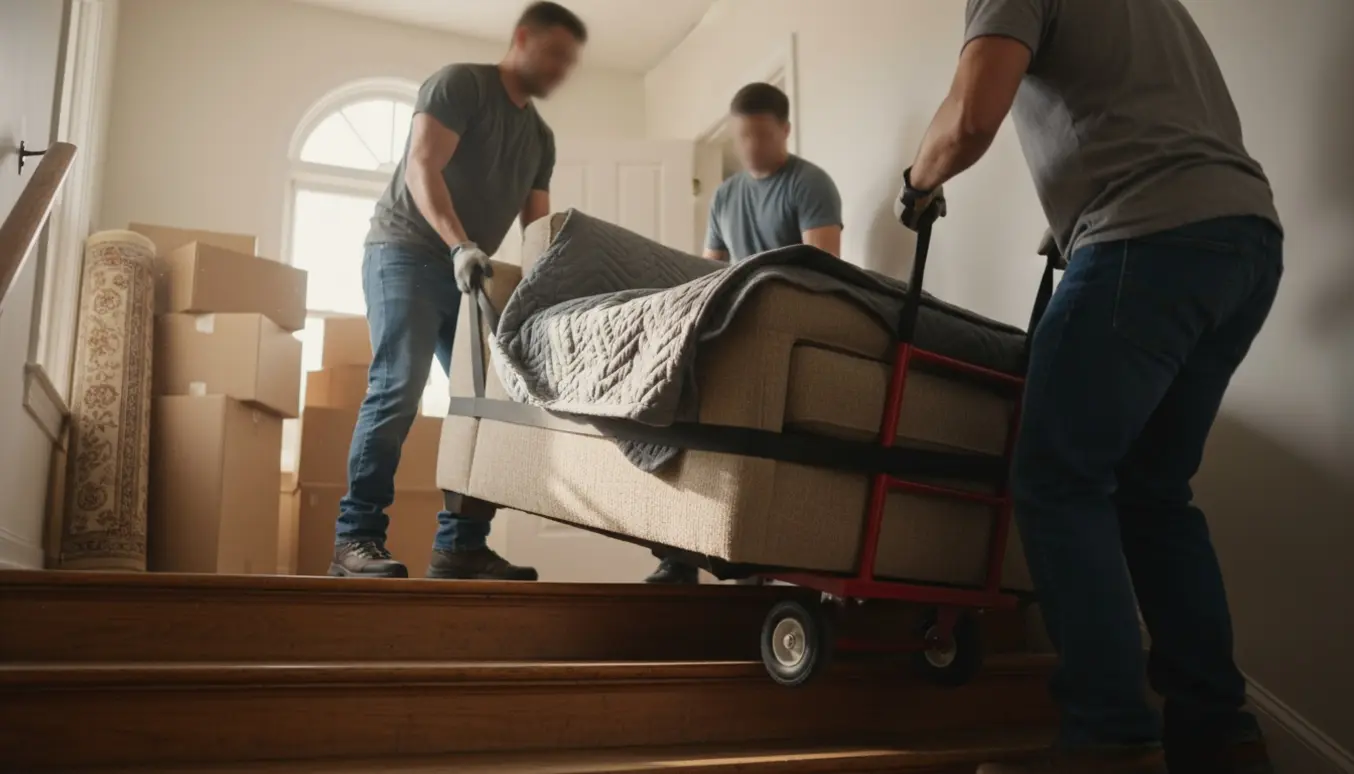 Flytning af sofa i trappeopgang med flyttevogn og tæpper, ansigter ude af fokus.