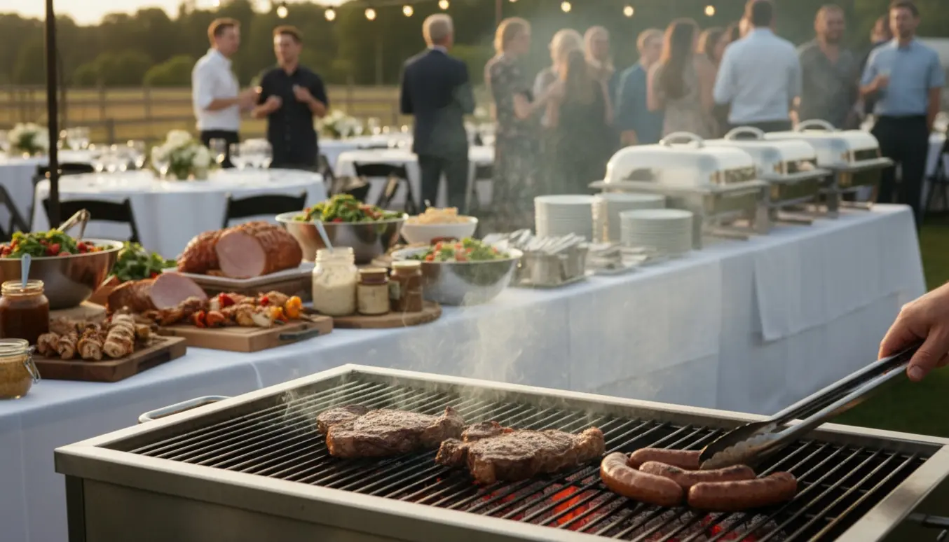 Udendørs BBQ-catering til konfirmation ved aftengul lys med grill, fade med kød og serveringsborde.