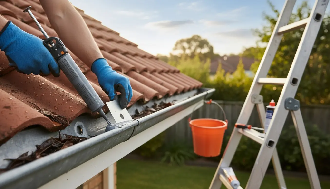 Hænder i arbejdshandsker renser og lapper et lille hul i en tagrende fra en stige.