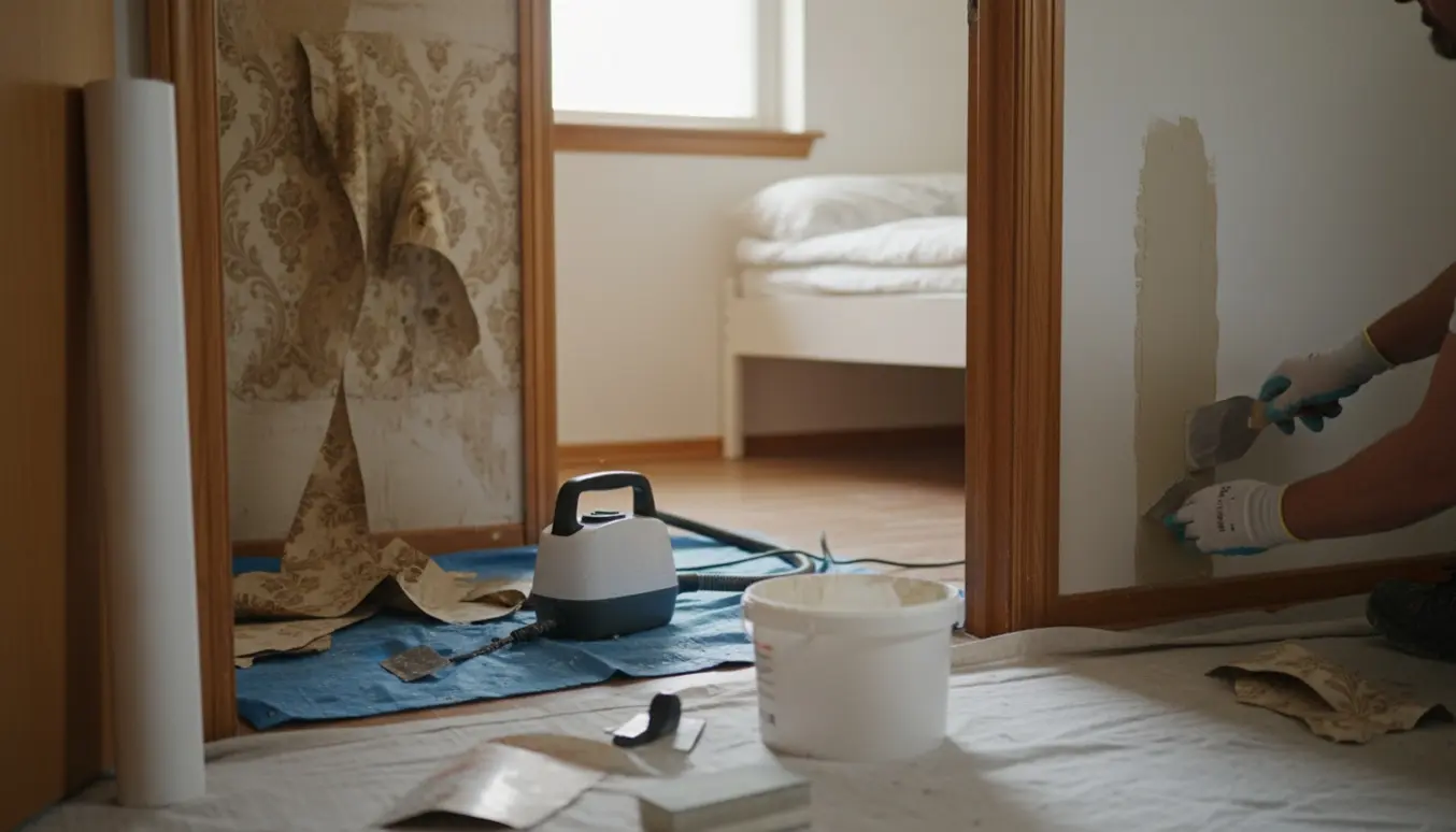 Hænder spartler en delvist afrevet tapetvæg i en lille entre med tapetdamper og spand med spartelmasse på gulvet.