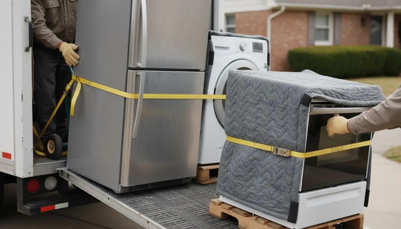 Flyttefolk læsser et indpakket køleskab, komfur og en lille vaskemaskine ind i en flyttevogn ved en indkørsel.