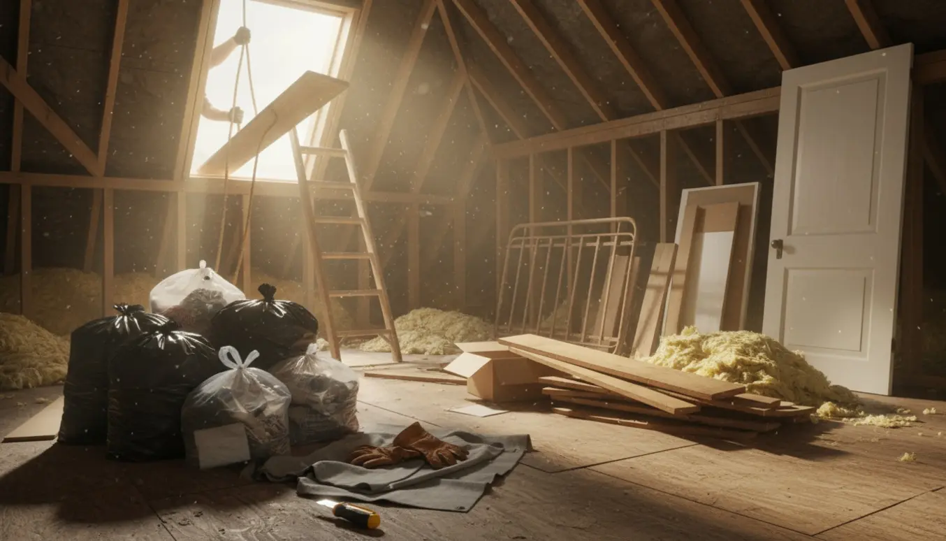 Ryddet loftrum med sække, isolering, træ og en person med handsker, der sænker et bræt ud ad vinduet.