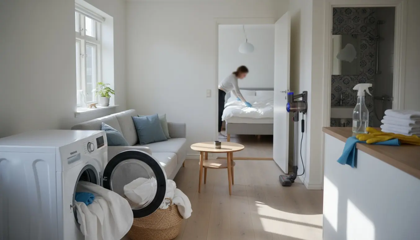 Ren Airbnb-lejlighed i København med nyvasket sengetøj og håndklæder ved vask/tørretumbler.