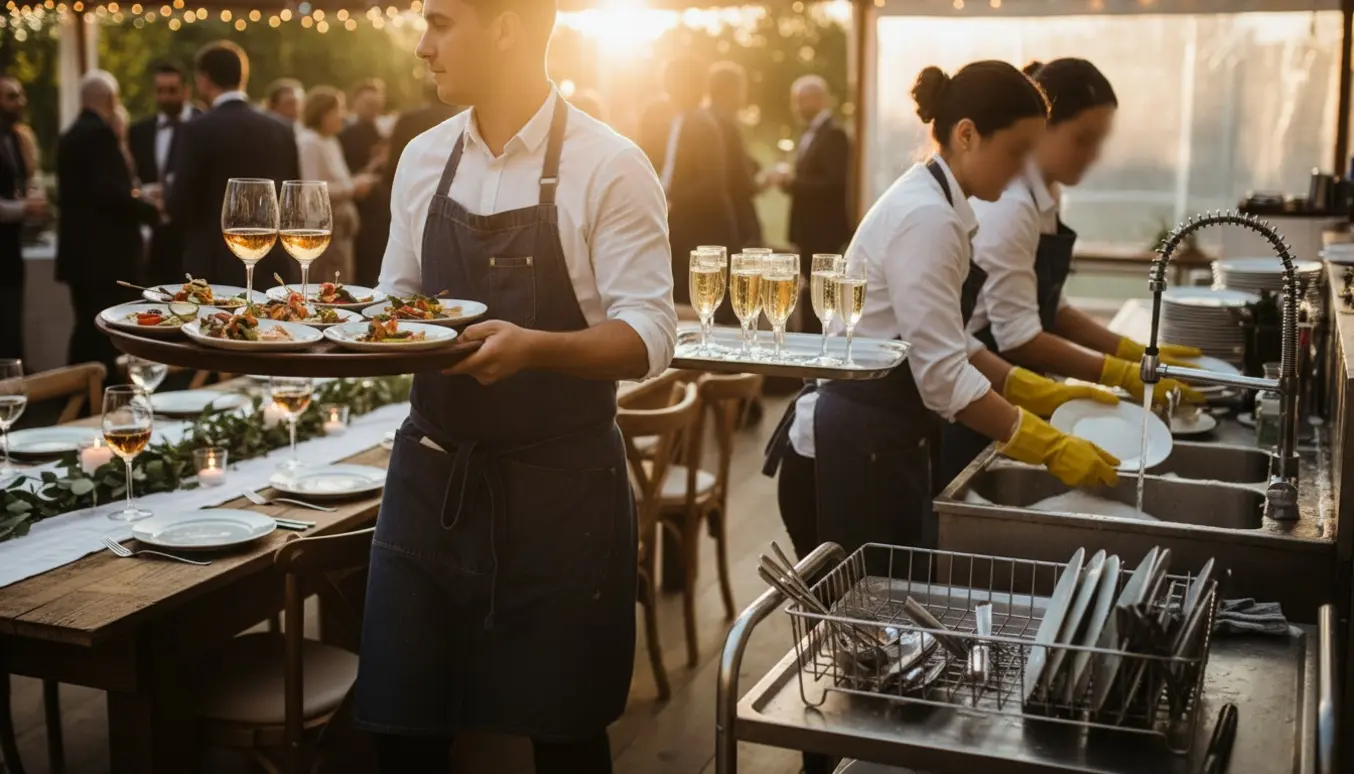 Serveringspersonale serverer og vasker op til et uformelt bryllup, med hænder, fade og glas i fokus.