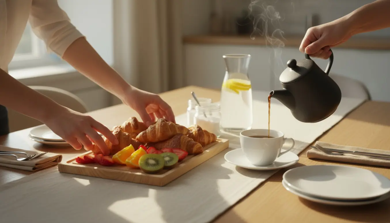Hænder dækker et bord med kaffe, kopper og friske croissanter i naturligt lys.