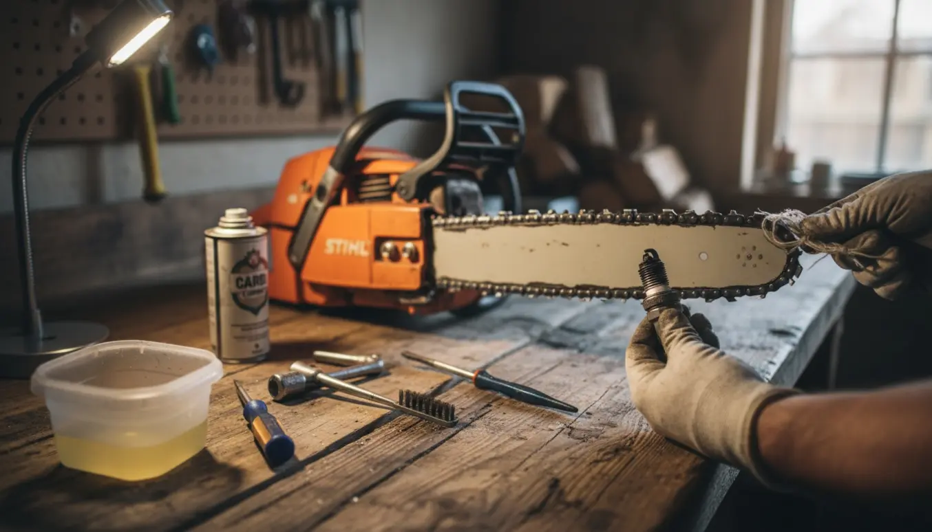 Gammel orange motorsav på værkstedsbord, handsker holder et tilsvinet tændrør klar til fejlfinding.