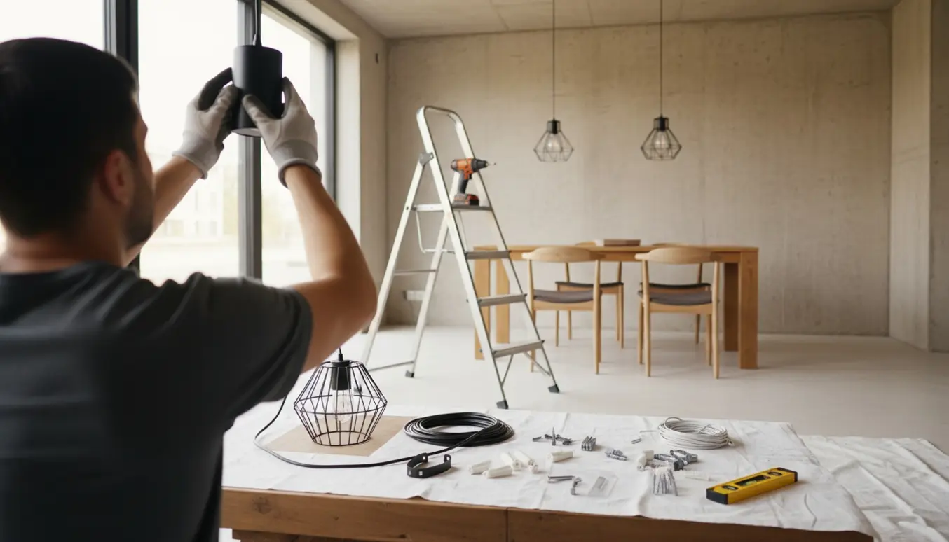 Værelse med pendellamper under montering, stige, boremaskine, rawlplugs og ledning, uden synlige ansigter.