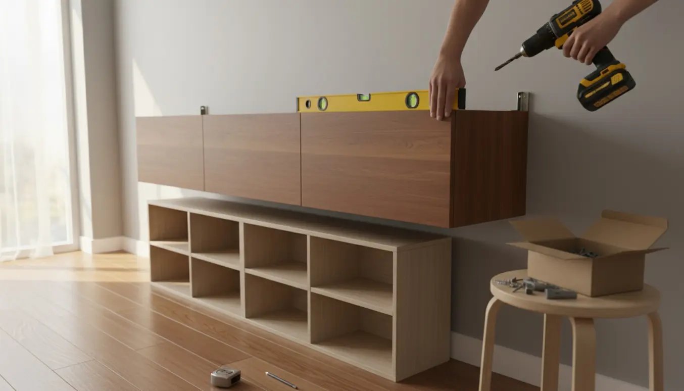 Hænder bruger boremaskine til at montere en skænk på væg med vaterpas, fire bogkasser står i niveau under.