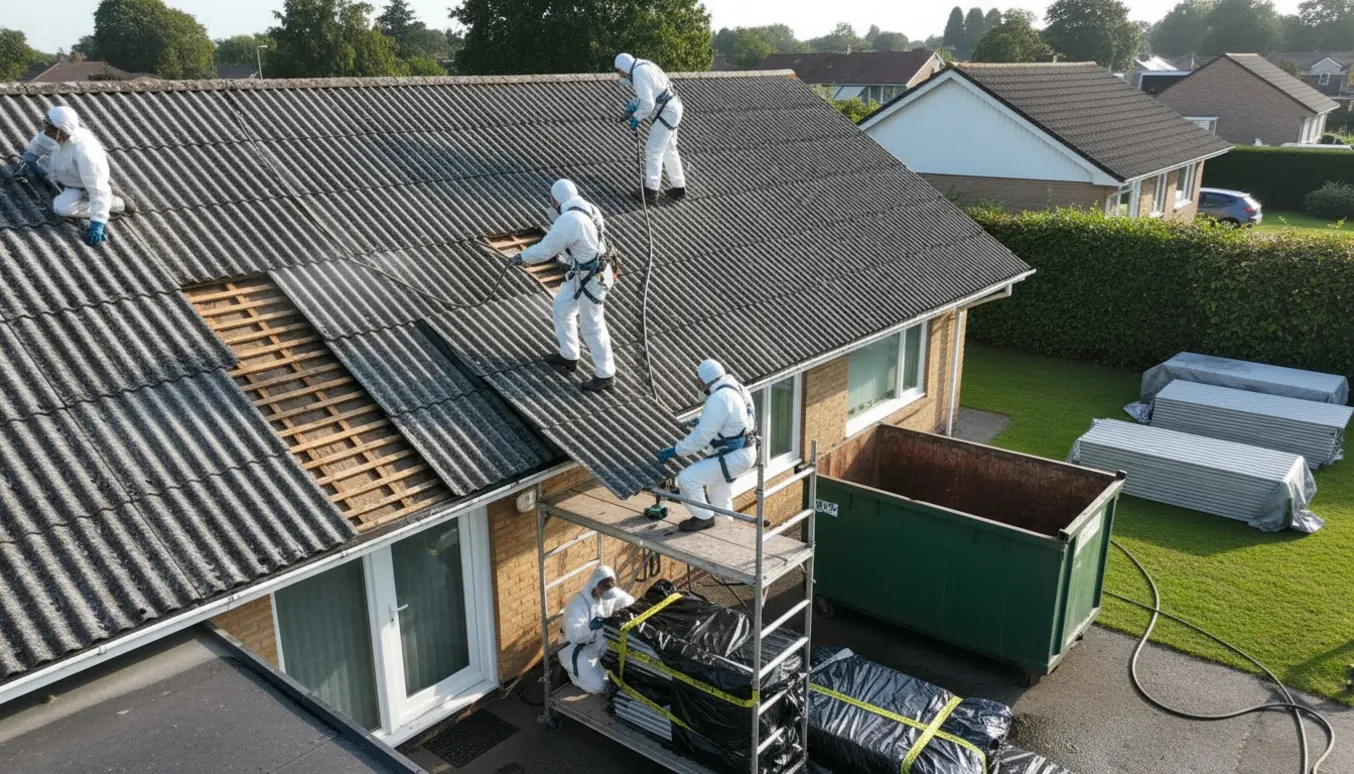 Arbejder i beskyttelsesdragter fjerner og pakker fibercement-tagplader væk fra et parcelhustag klar til bortskaffelse.