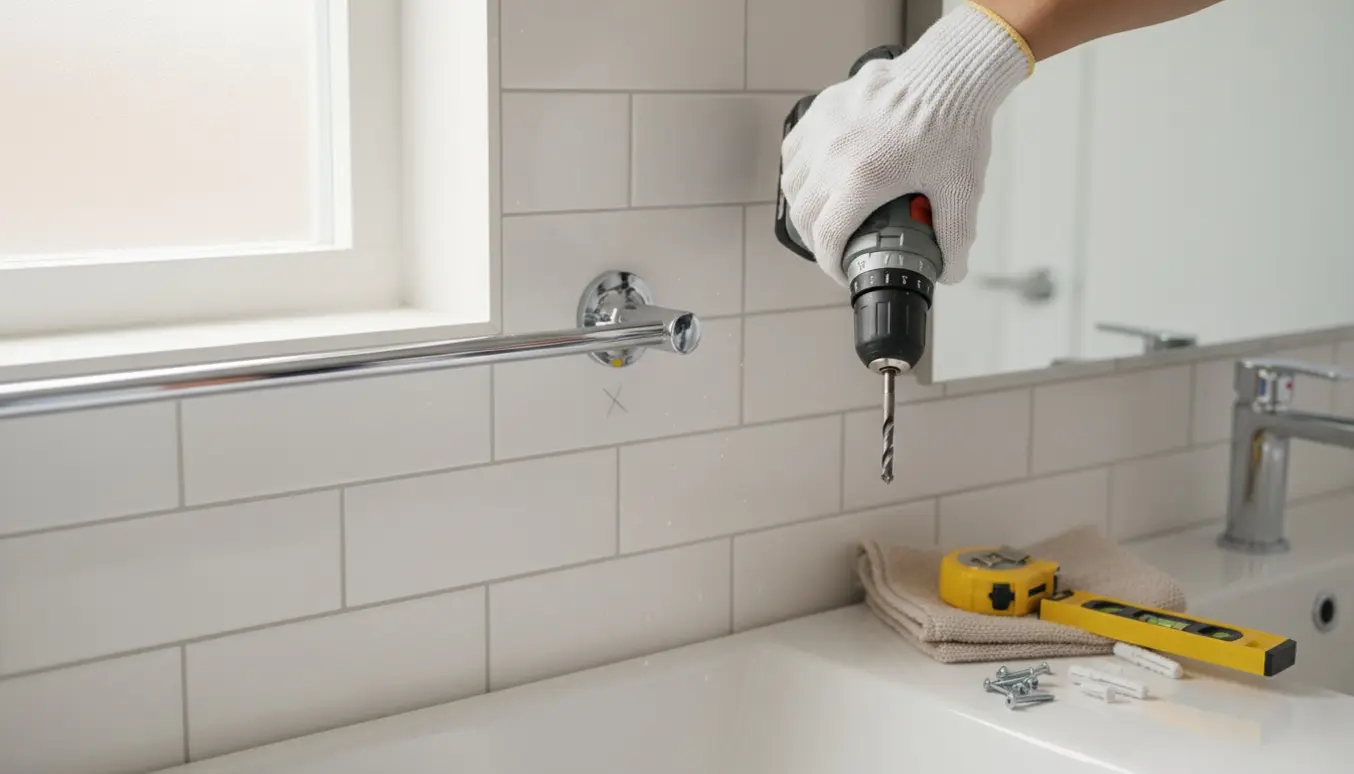 Nærbillede af hænder, der monterer en krom håndklædestang på flisevæg i badeværelse med boremaskine og skruer.