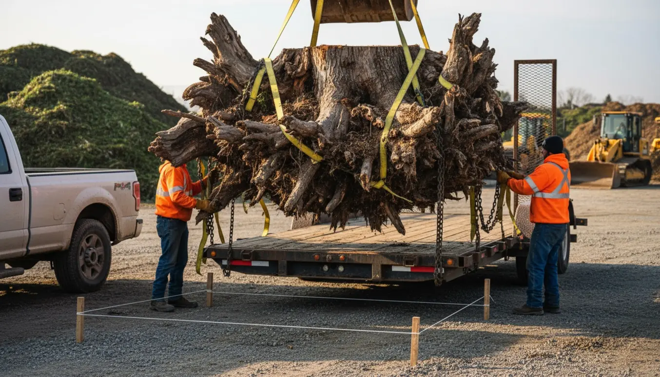 Stor trerod på en trailer ved en losseplads klar til bortkørsel.