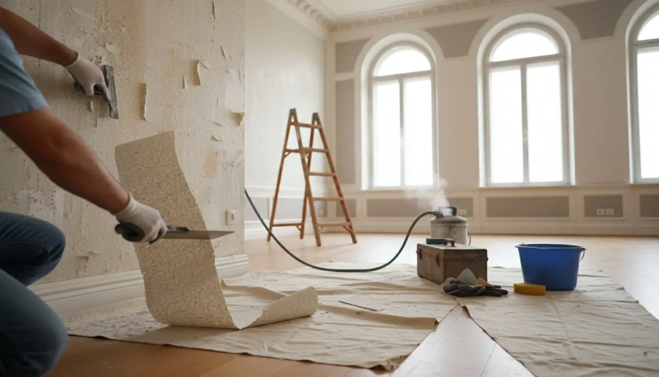 Hænder fjerner savsmuldstapet i en lys villa med værktøj og afdækning på gulvet.
