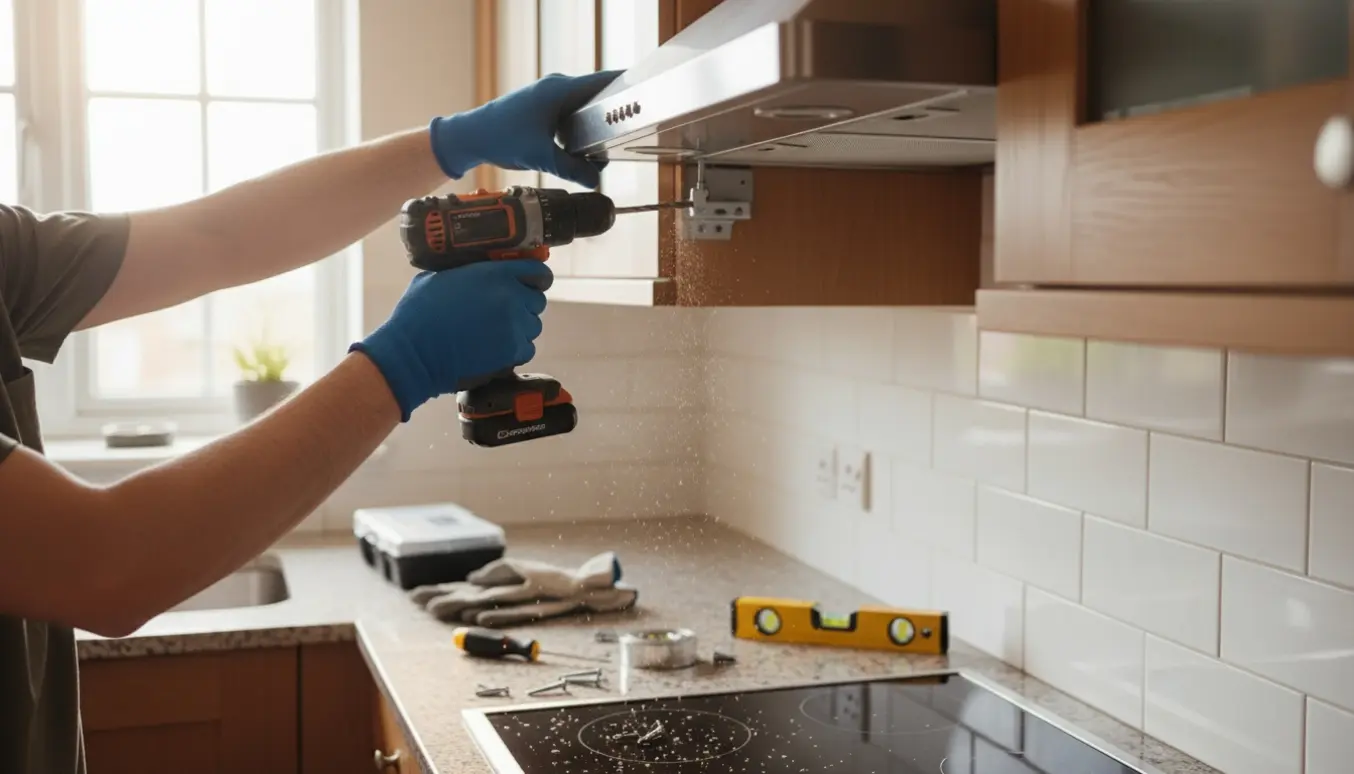 Hænder monterer en integreret emhætte under et køkkenskab med boremaskine og værktøj.