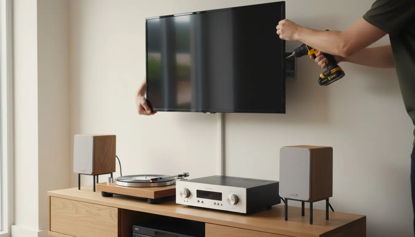 Hænger et fladskærms-tv op over et mediebord med højttalere, pladespiller, forstærker og DVD-afspiller.