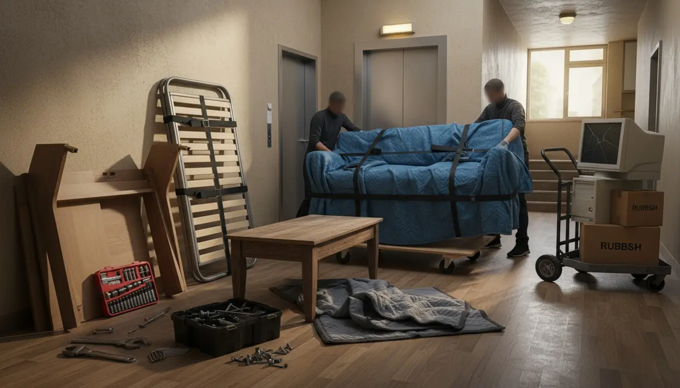 Flyttemænd løfter en dækket sofa i en opgang ved elevatoren, omgivet af et nedtaget skrivebord, seng, gammel computer og papkasser.