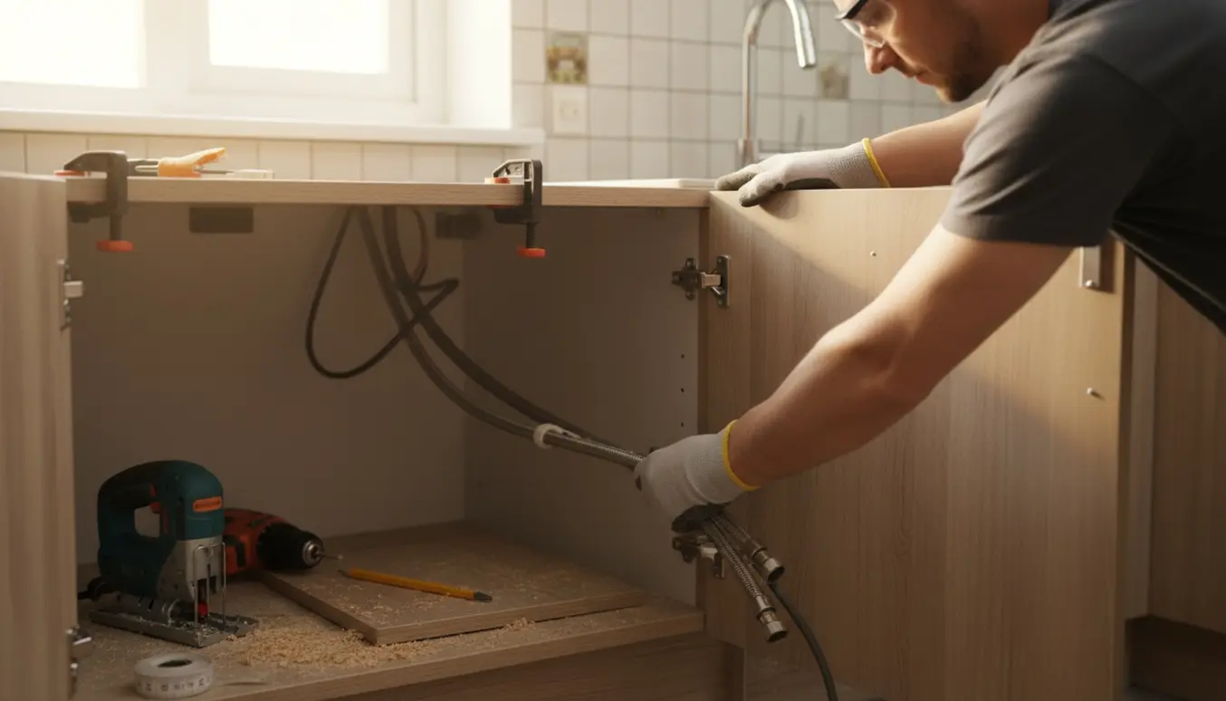 Køkkenskab med hul skåret til slanger og ledninger til opvaskemaskine, værktøj og savsmuld i forgrunden.