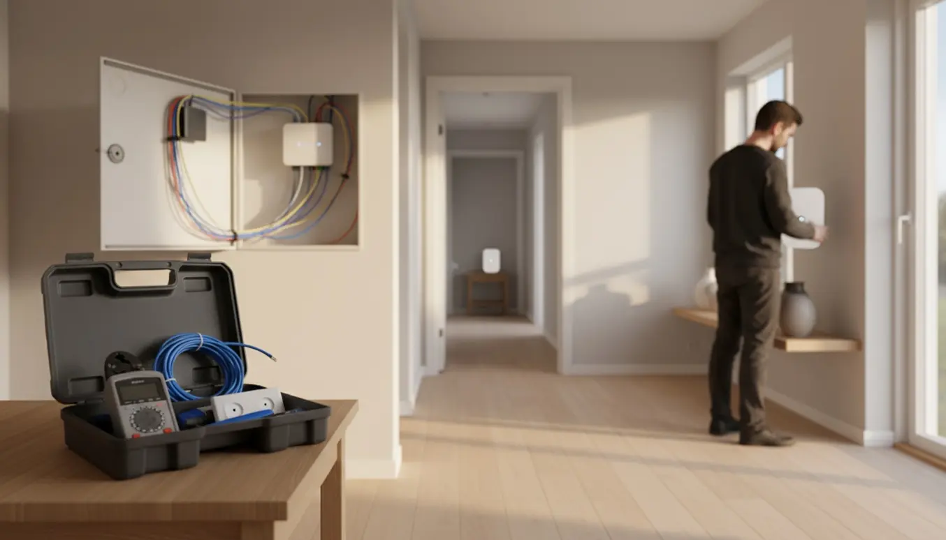 Tekniker monterer en WiFi mesh-enhed i parcelhus med åbent teknikskab og netværkskabler.