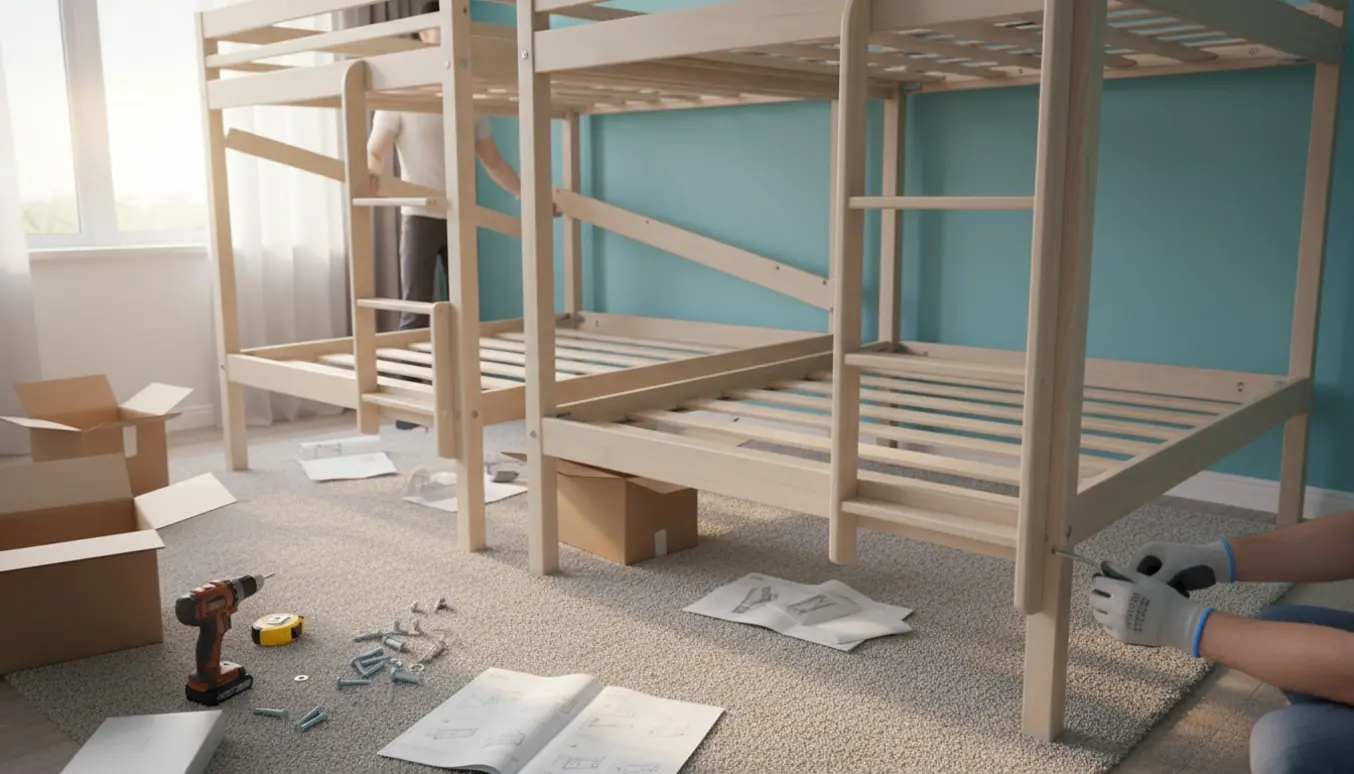 Hænder samler to højsenge i et lyst børneværelse med værktøj og åbne papkasser.