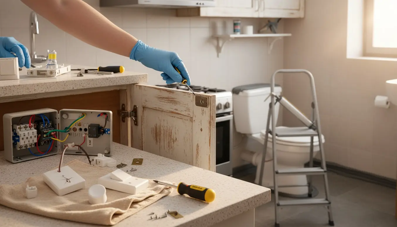 Værkstedsscene i køkken/bad med udskiftede kontakter, løs køkkenlågehængsel og grå fuge rundt om toilettet.