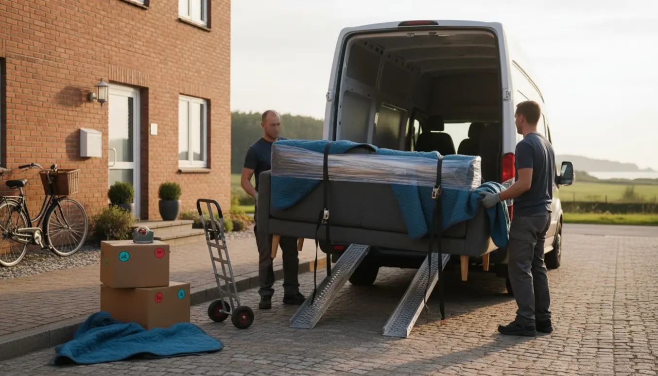 En sofa pakket i flyttetæpper løftes ind i en flyttevogn foran en rødstensbygning med kystlandskab i baggrunden.