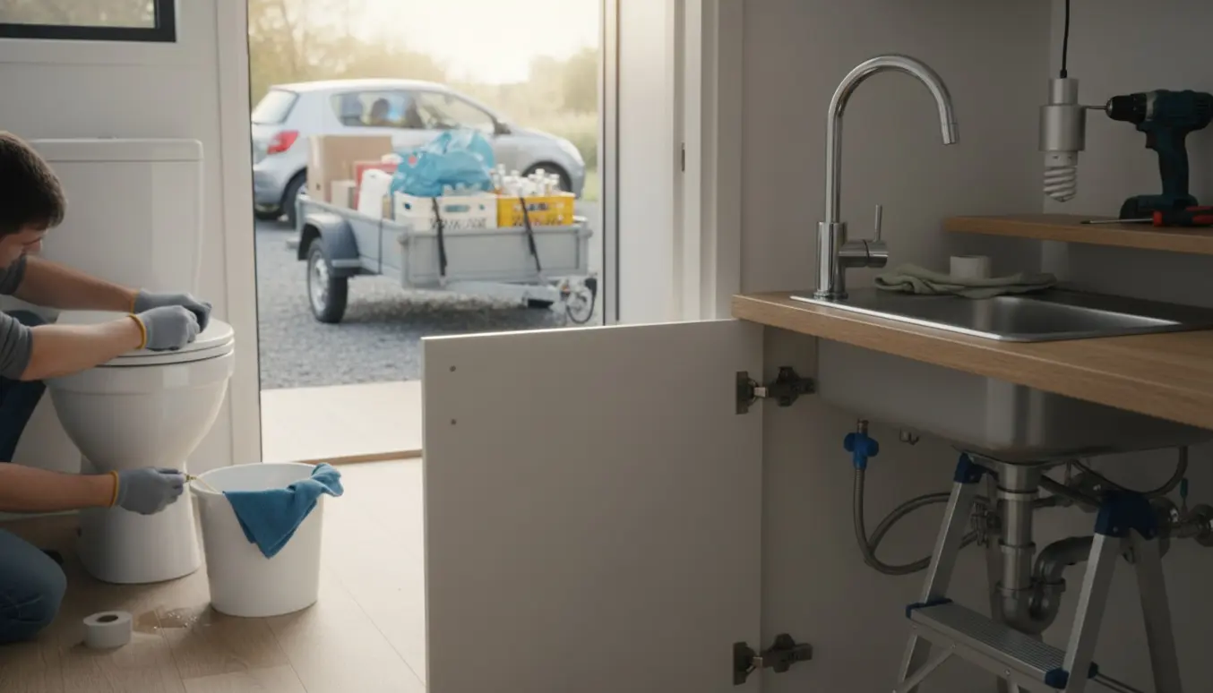 Hænder installerer en ny køkkenvandhane, reparerer toilettet og hænger en lampe op med en bil og trailer pakket til genbrug i baggrunden.