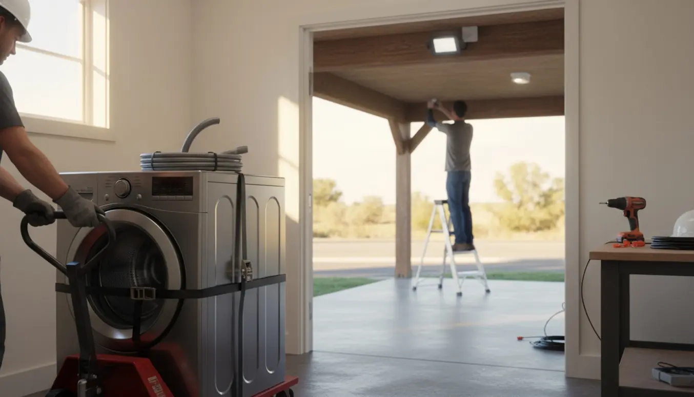 En vaskemaskine bliver flyttet ud, mens en sensor og lampe monteres i carporten.