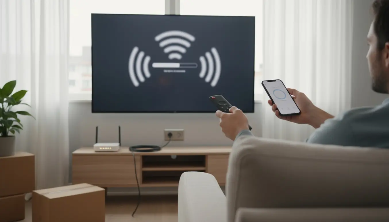 Opsætning af trådløs YouSee på et smart-TV med router og tomt antenneudtag i en ny indflytningsstue.