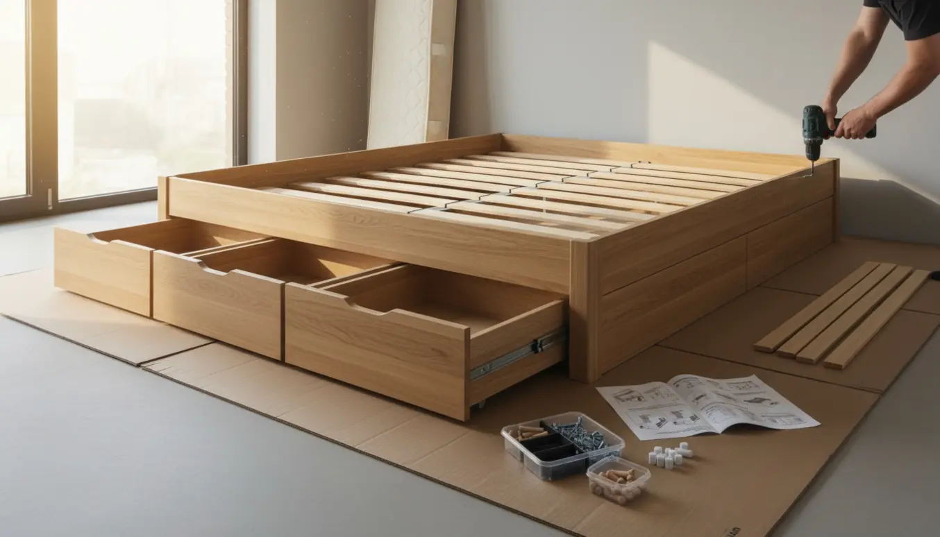 Samling af en stor seng med tre skuffer i et lyst soveværelse med værktøj og træpaneler spredt omkring.