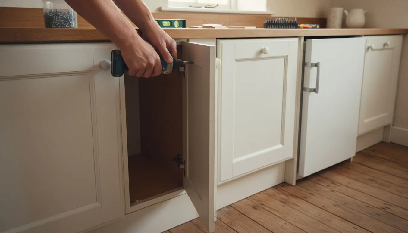 Håndværker justerer skæve IKEA-køkkenlåger med skruetrækker og vaterpas i et ældre kolonihavehus.