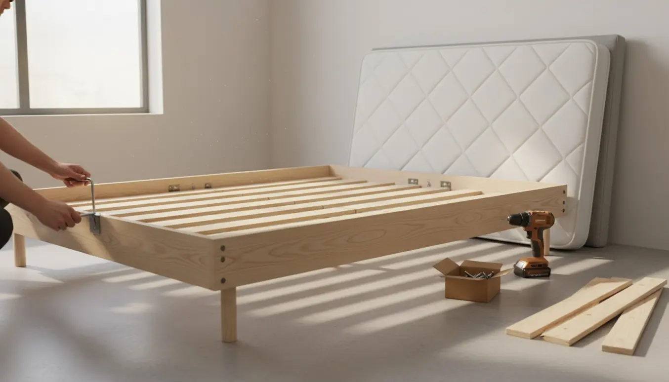 Delvist samlet dobbeltseng med hænder, der spænder bolt og værktøj i et lyst soveværelse.