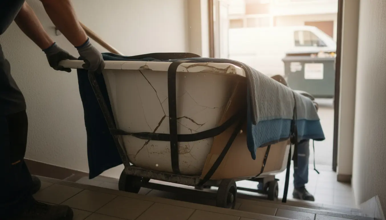 Et beskadiget porcelænsbadekar på en flyttevogn i opgangen klar til storskrald.