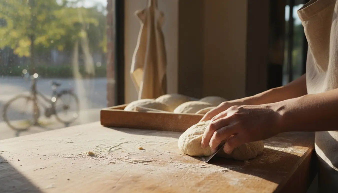 Hænder former surdej på et floured arbejdsbord i et lyst bageri med træer og en cykel udenfor i Holte.