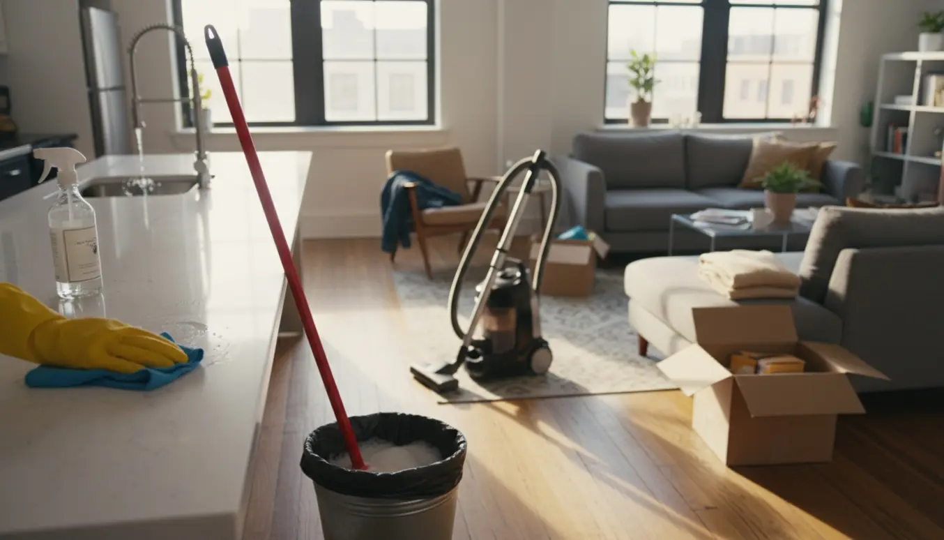 Rodet lejlighed under grundig oprydning og rengøring med rengøringsudstyr i fokus.