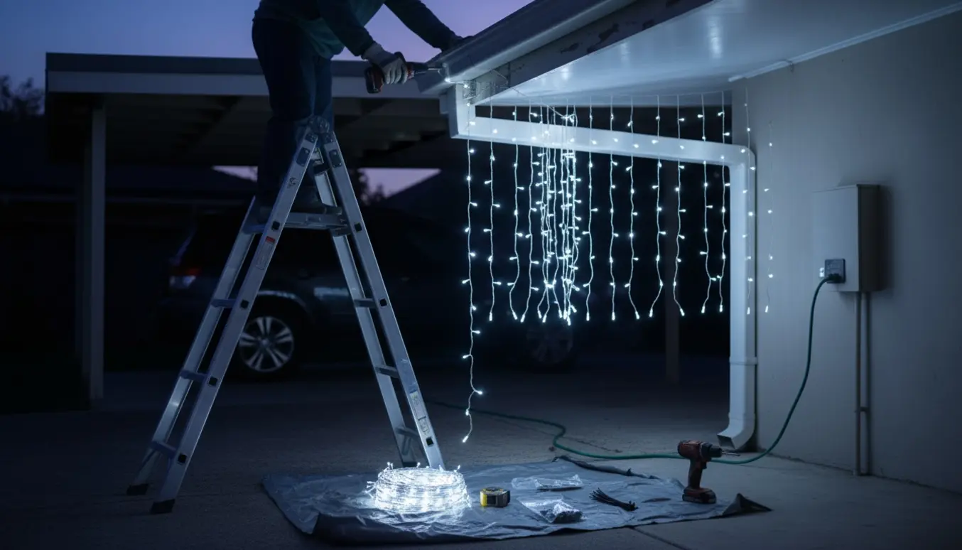 Person på stige hæfter en 9 m julelyskæde med istapper langs kanten af en carport ved skumring.