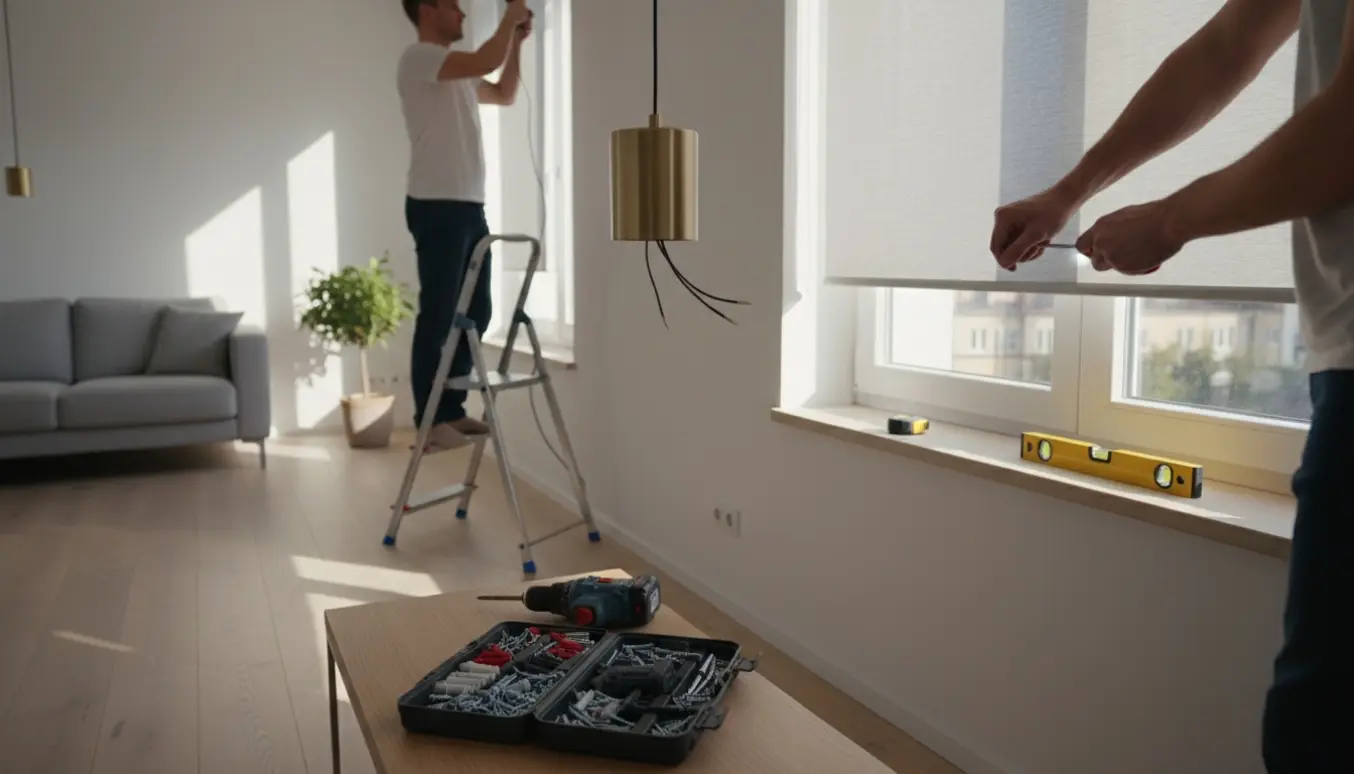 En håndværker hænger en lampe op fra en stige og monterer et rullegardin ved et solbeskinnet vindue.