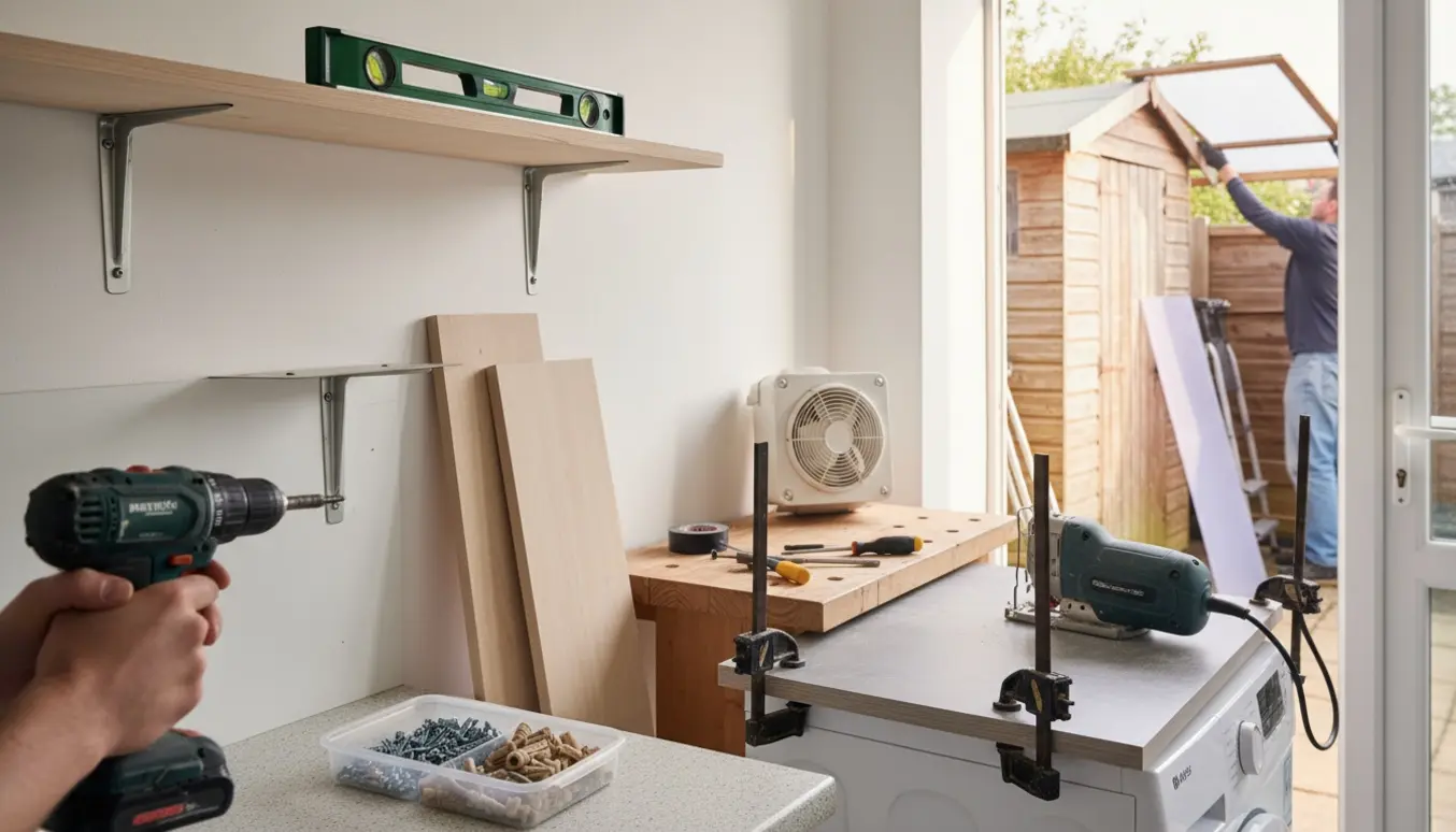 Hænder monterer hylder og udskifter bordplade og ventilator med skruer, rawlplugs og tagplade ved skuret.
