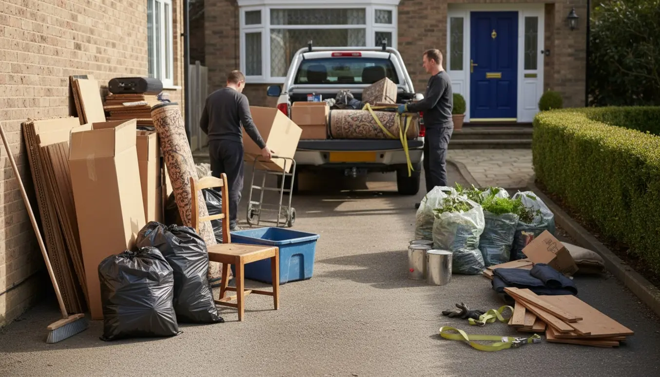Affald og gamle møbler samles og læsses op i en varevogn foran et parcelhus.
