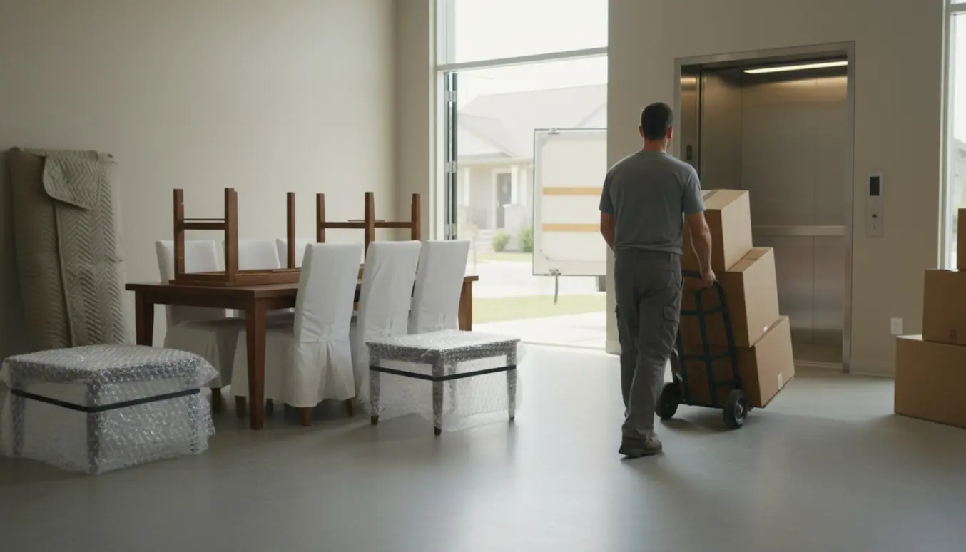 Flyttekasser og indpakkede møbler ved en åben elevator i et opbevaringsrum, en flyttemand set bagfra.