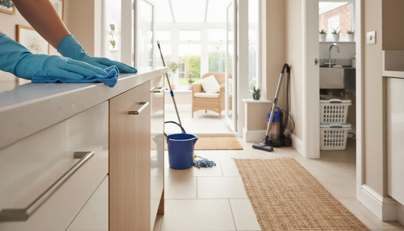 Hænder tørrer et køkkenbord med støvsuger og moppe klar, og en solrig havestue ses i baggrunden.
