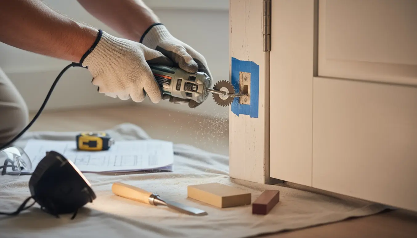 Nærbillede af hænder, der med et multiværktøj skærer en smal rektangulær åbning i væggen ved dørkarmen, klar til håndtaget.
