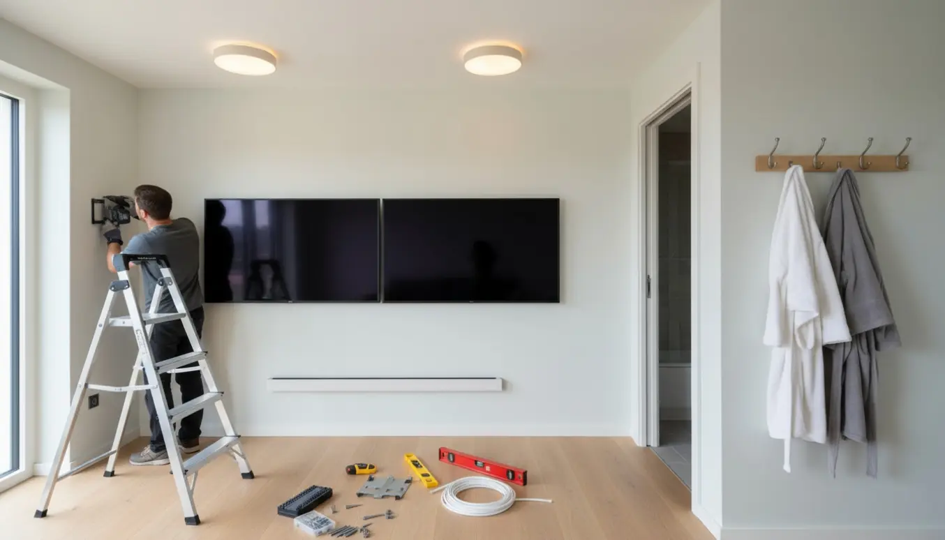 To vægmonterede fladskærme under opsætning med en håndværker på stige, nye loftslamper og knager ved indgangen.