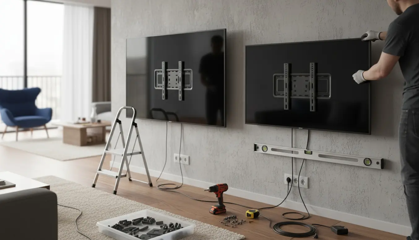 To store fladskærme monteres på vægge i en moderne stue med værktøj og løse kabler synlige.