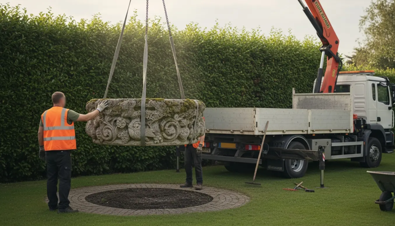 Kranvogn løfter et tungt stenfuglebad over en hæk i en villahave.