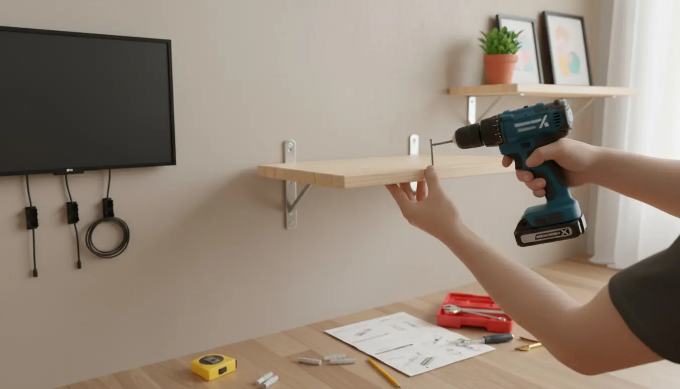 Hænder monterer budgetvenlige hylder og et vægmonteret TV i en lys stue.