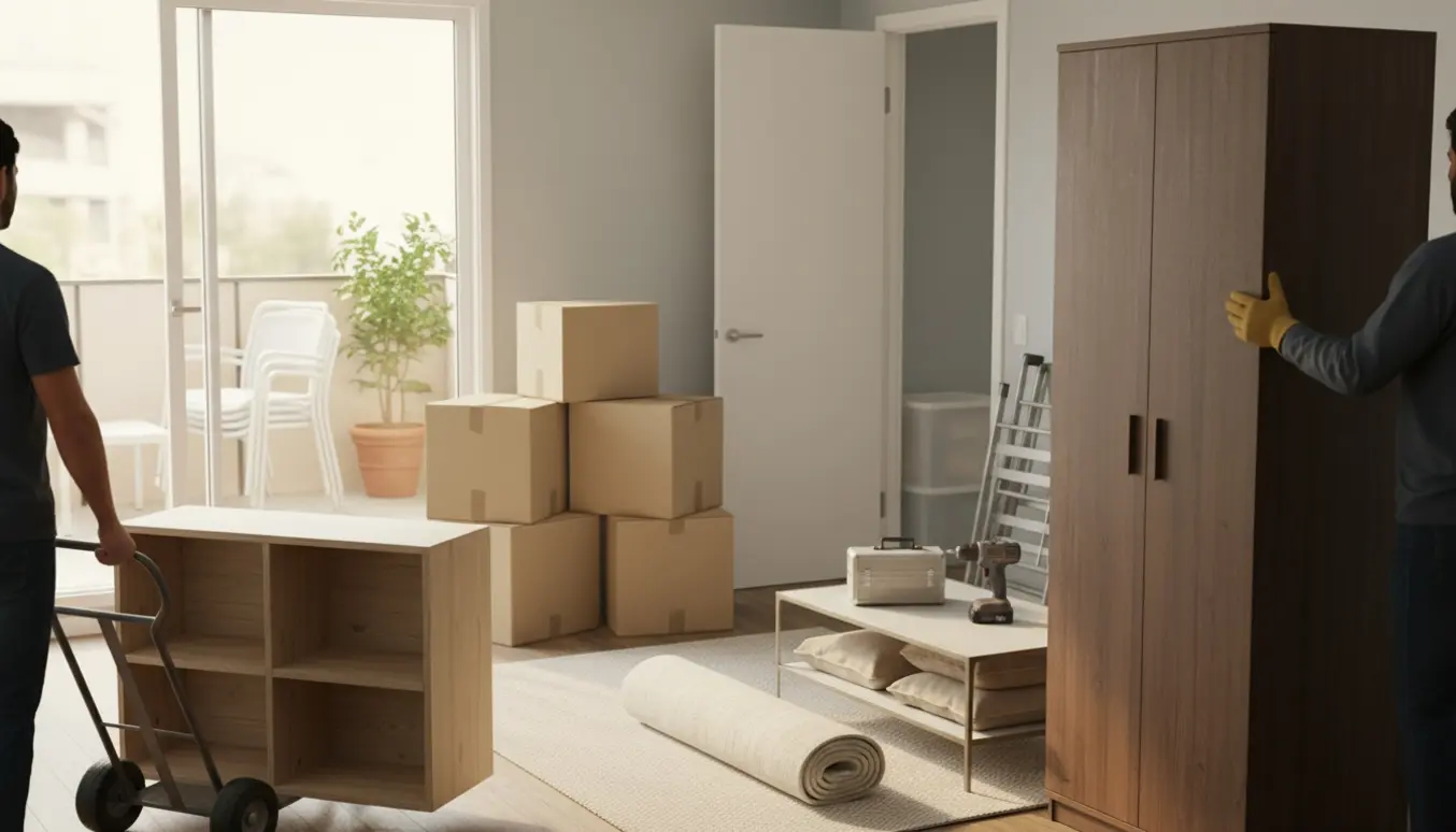 En lejlighed under rydning med flyttekasser, møbler på en dolly og et glimt af en lille terrasse i naturligt dagslys.